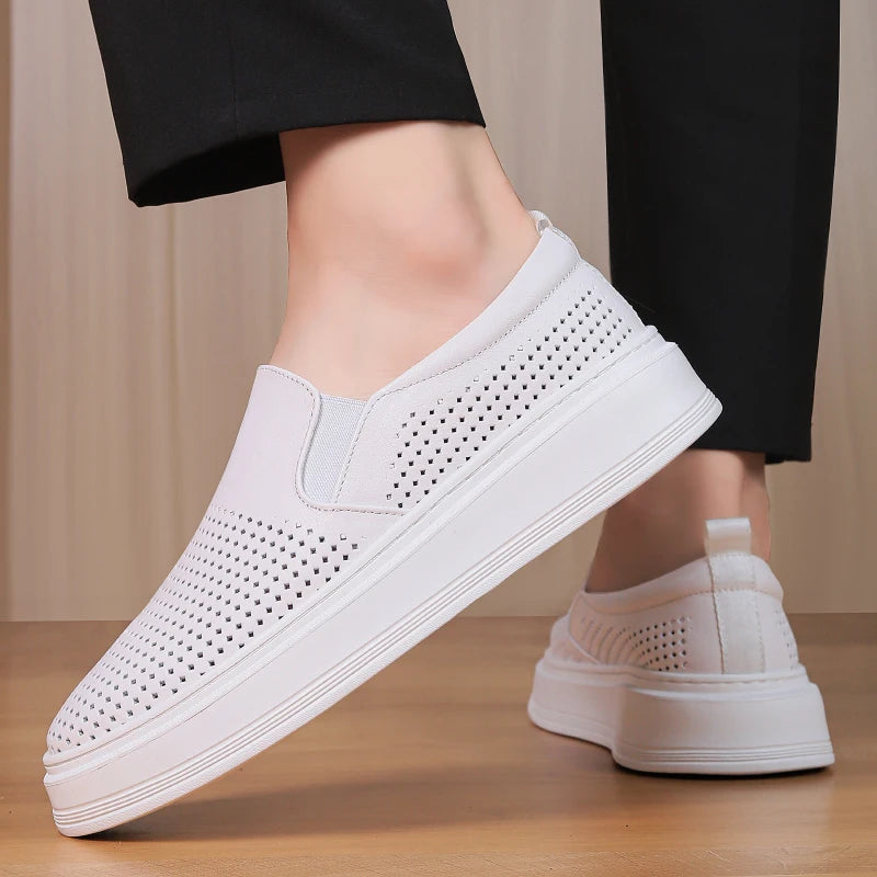 Male Breathable Genuine Leather Punching Simple Loafers Comfty Casual Slip-ons Man Walking Shoe Summer Men Shoes Hiking Footwear