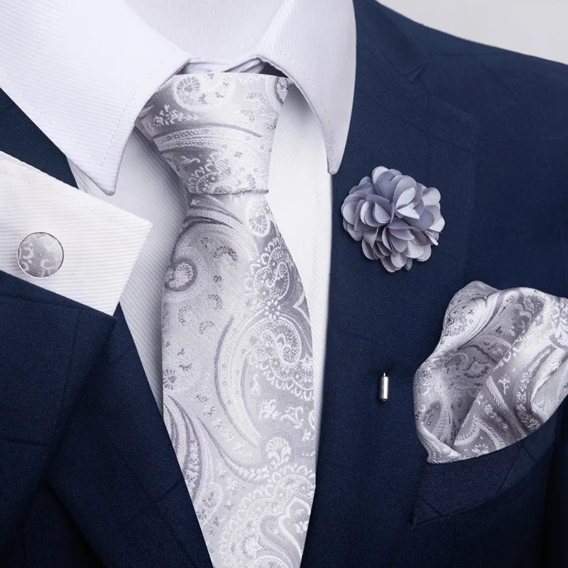 Hot Sale Luxury 8 cm Blue Floral Ties Pocket Square Cufflinks Brooch Set For Man Suit Accessories Holiday Gift Fit Formal Party