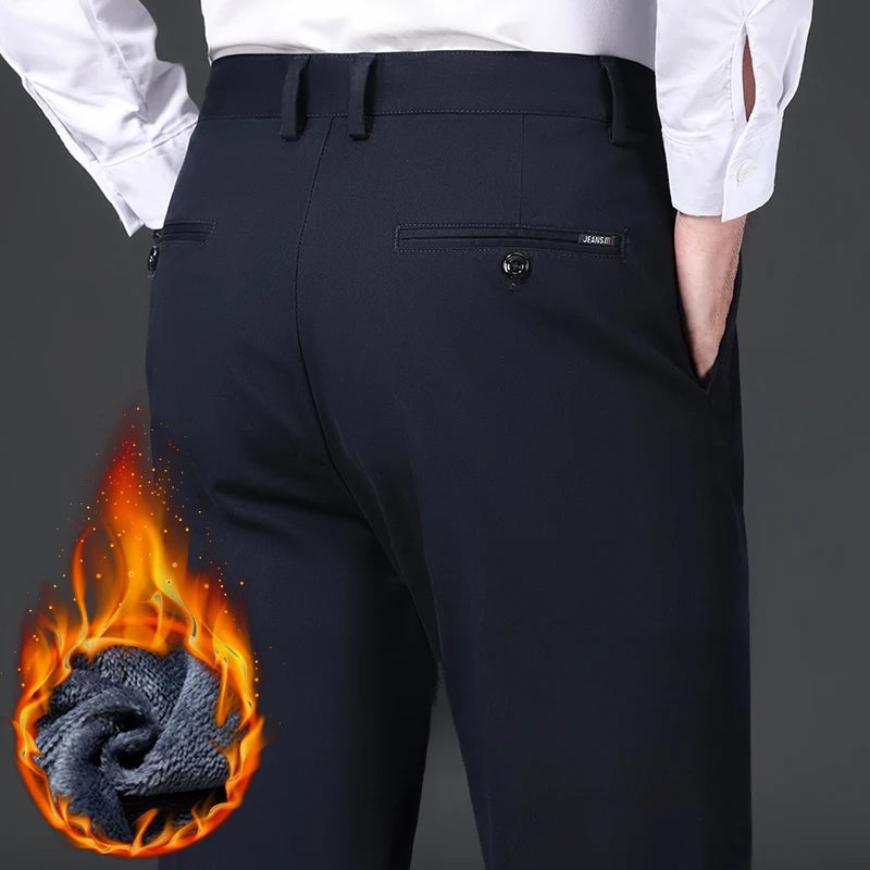 97% Cotton Straight Velvet Casual Pants Men Stretch Loose Classic Business Warm Trousers High Quality Winter Thick Fleece Pants