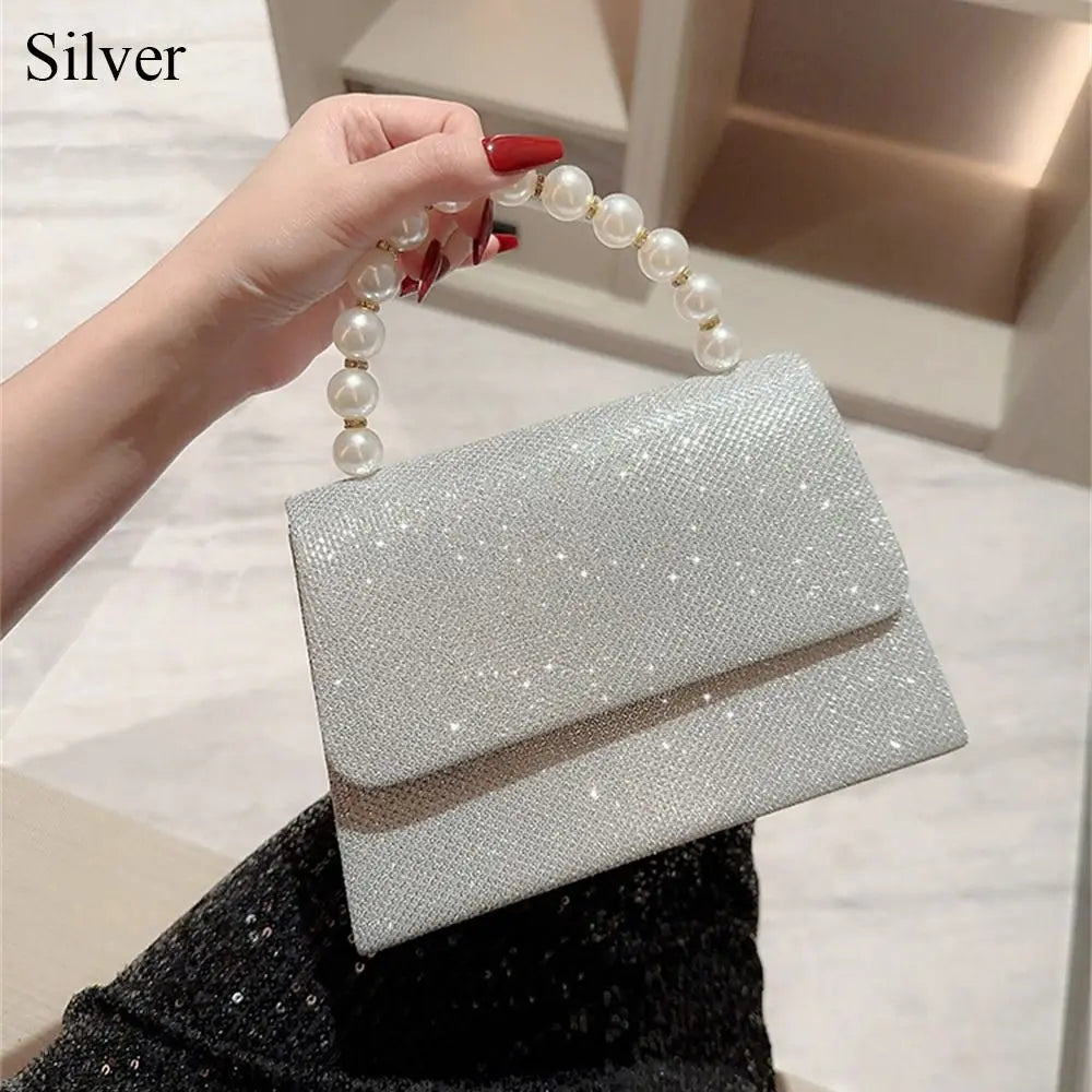 Pearl Chain Shoulder Bags Luxury Purse Gold Bright Silk Evening Bag Women Elegant Fashion Banquet Clutch Female Handbag