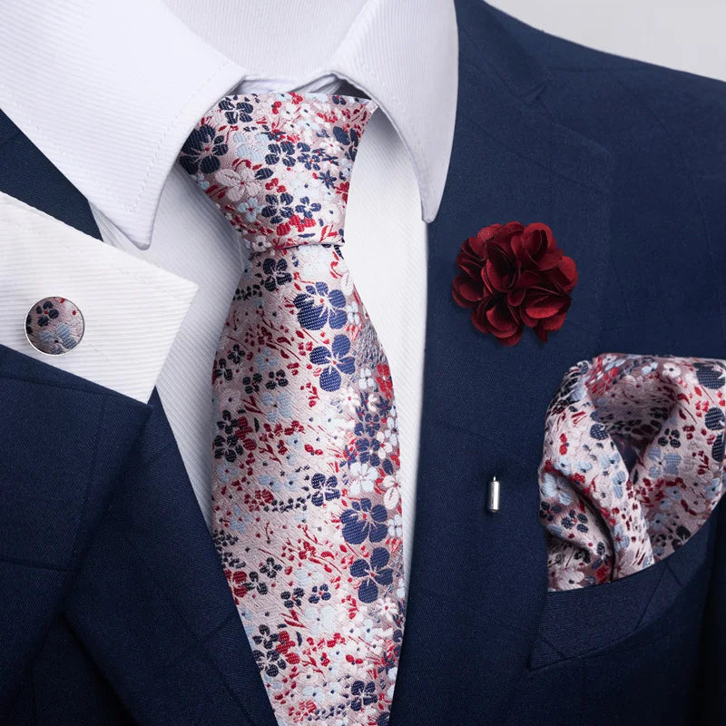 Hot Sale Luxury 8 cm Blue Floral Ties Pocket Square Cufflinks Brooch Set For Man Suit Accessories Holiday Gift Fit Formal Party