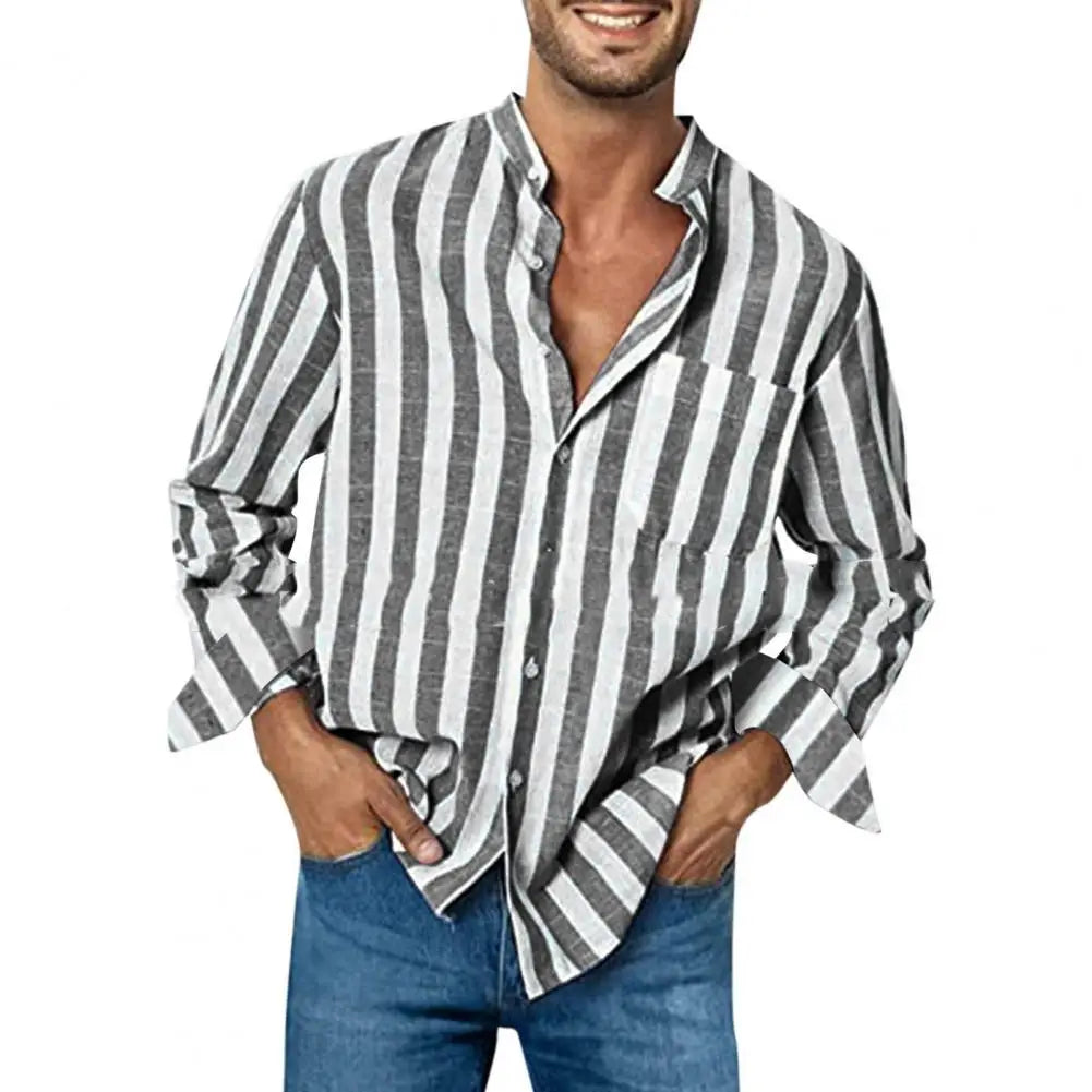 Plus Size Men Shirt Long Sleeve Loose High Elasticity Casual Dress-up Stripe Printing Striped Shirts Casual Linen Buckle Top