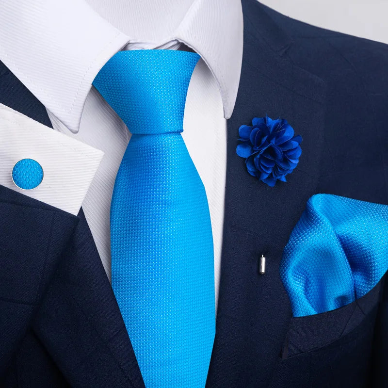 Hot Sale Luxury 8 cm Blue Floral Ties Pocket Square Cufflinks Brooch Set For Man Suit Accessories Holiday Gift Fit Formal Party