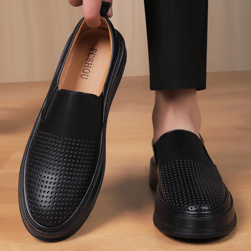 Male Breathable Genuine Leather Punching Simple Loafers Comfty Casual Slip-ons Man Walking Shoe Summer Men Shoes Hiking Footwear