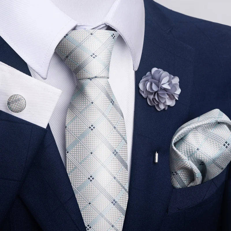 Hot Sale Luxury 8 cm Blue Floral Ties Pocket Square Cufflinks Brooch Set For Man Suit Accessories Holiday Gift Fit Formal Party