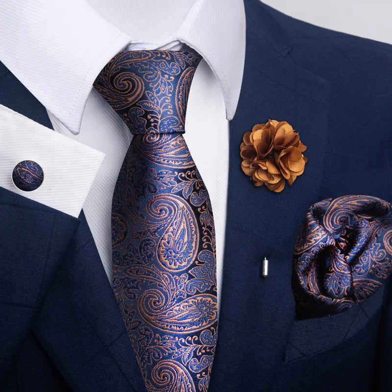 Hot Sale Luxury 8 cm Blue Floral Ties Pocket Square Cufflinks Brooch Set For Man Suit Accessories Holiday Gift Fit Formal Party