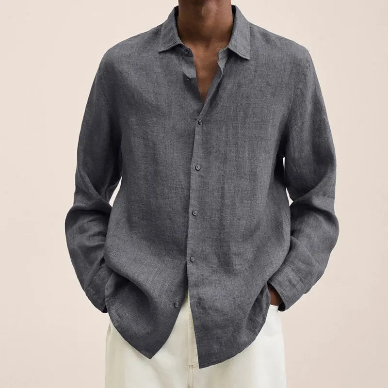 Men's Simple Linen Shirt Spring Autumn New Solid Color Lapel Buttons Loose Long Sleeve Shirt