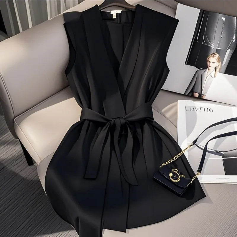Elegant Satin Sleeveless Cardigan Dress