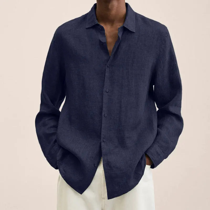 Men's Simple Linen Shirt Spring Autumn New Solid Color Lapel Buttons Loose Long Sleeve Shirt