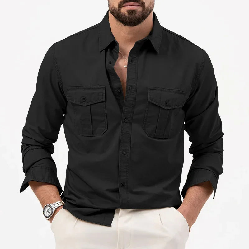 Army Green Tactical Cargo Shirts For Men Chest Two Pockets Long Sleeve Mens T-Shirt 2024 Trend Casual Loose Shirt Chemise Hombre