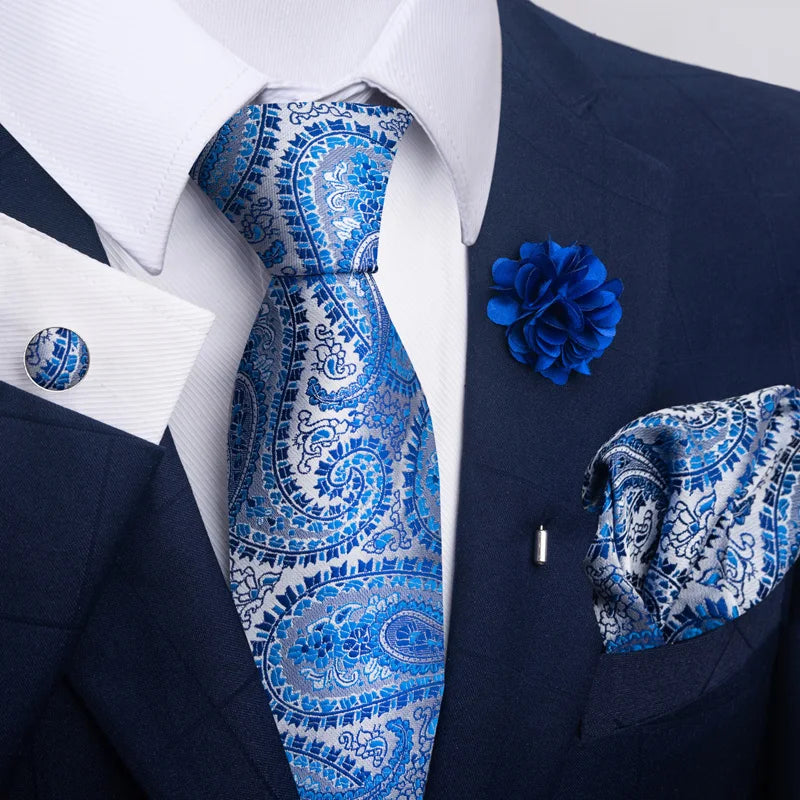 Hot Sale Luxury 8 cm Blue Floral Ties Pocket Square Cufflinks Brooch Set For Man Suit Accessories Holiday Gift Fit Formal Party