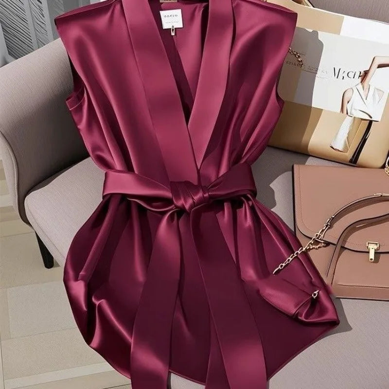 Elegant Satin Sleeveless Cardigan Dress