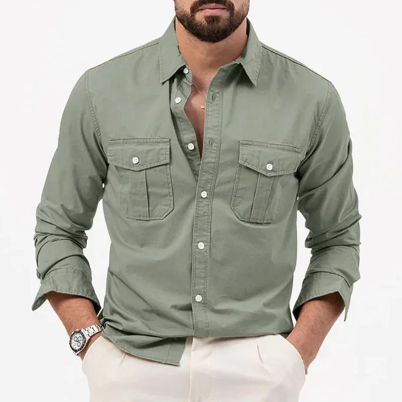 Army Green Tactical Cargo Shirts For Men Chest Two Pockets Long Sleeve Mens T-Shirt 2024 Trend Casual Loose Shirt Chemise Hombre