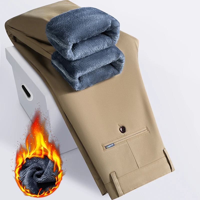 97% Cotton Straight Velvet Casual Pants Men Stretch Loose Classic Business Warm Trousers High Quality Winter Thick Fleece Pants