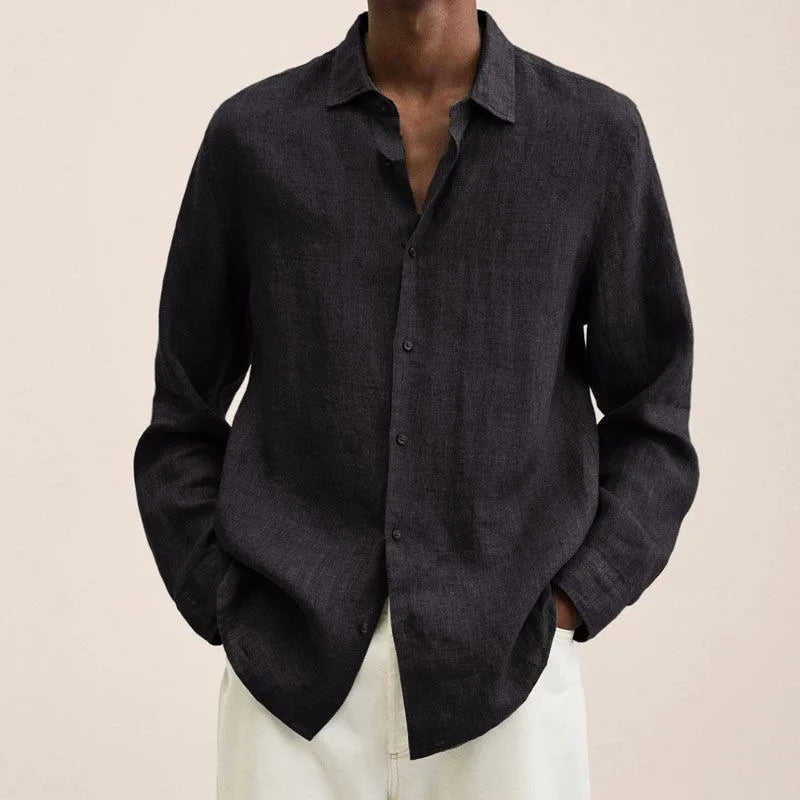 Men's Simple Linen Shirt Spring Autumn New Solid Color Lapel Buttons Loose Long Sleeve Shirt