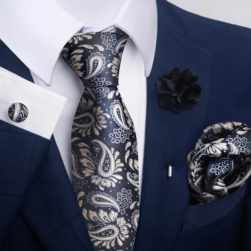 Hot Sale Luxury 8 cm Blue Floral Ties Pocket Square Cufflinks Brooch Set For Man Suit Accessories Holiday Gift Fit Formal Party