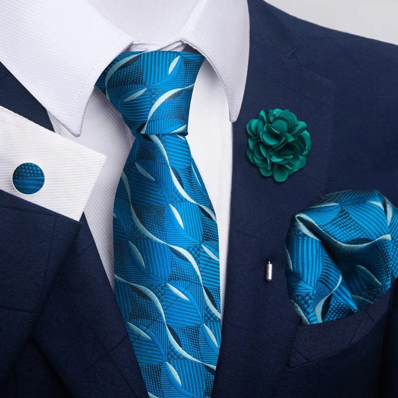Hot Sale Luxury 8 cm Blue Floral Ties Pocket Square Cufflinks Brooch Set For Man Suit Accessories Holiday Gift Fit Formal Party