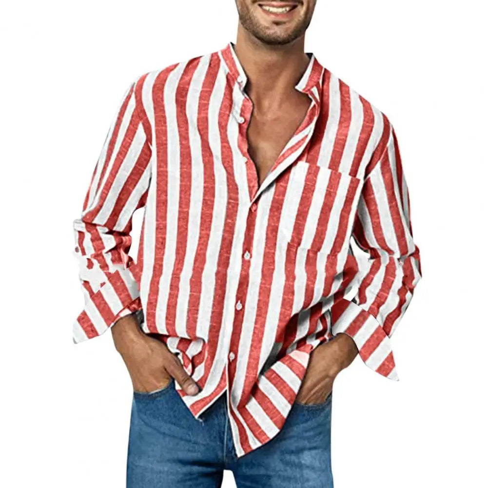 Plus Size Men Shirt Long Sleeve Loose High Elasticity Casual Dress-up Stripe Printing Striped Shirts Casual Linen Buckle Top