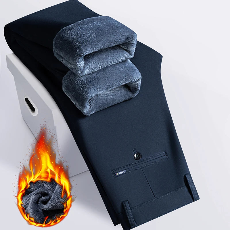 97% Cotton Straight Velvet Casual Pants Men Stretch Loose Classic Business Warm Trousers High Quality Winter Thick Fleece Pants