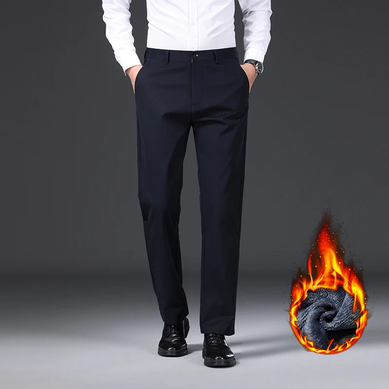97% Cotton Straight Velvet Casual Pants Men Stretch Loose Classic Business Warm Trousers High Quality Winter Thick Fleece Pants