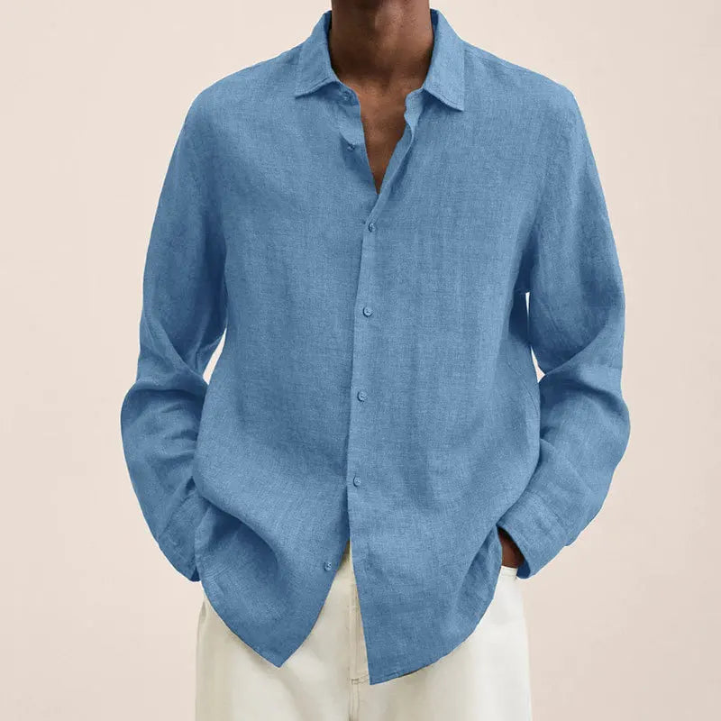 Men's Simple Linen Shirt Spring Autumn New Solid Color Lapel Buttons Loose Long Sleeve Shirt