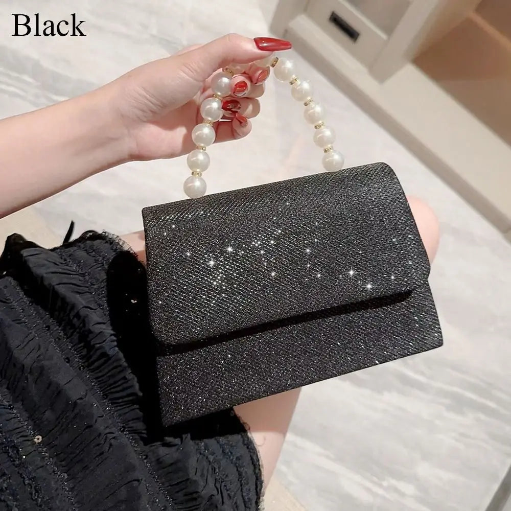Pearl Chain Shoulder Bags Luxury Purse Gold Bright Silk Evening Bag Women Elegant Fashion Banquet Clutch Female Handbag