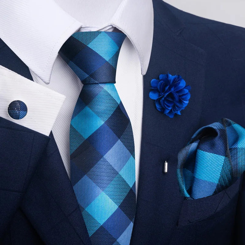 Hot Sale Luxury 8 cm Blue Floral Ties Pocket Square Cufflinks Brooch Set For Man Suit Accessories Holiday Gift Fit Formal Party