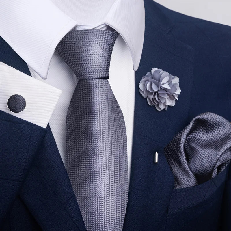 Hot Sale Luxury 8 cm Blue Floral Ties Pocket Square Cufflinks Brooch Set For Man Suit Accessories Holiday Gift Fit Formal Party