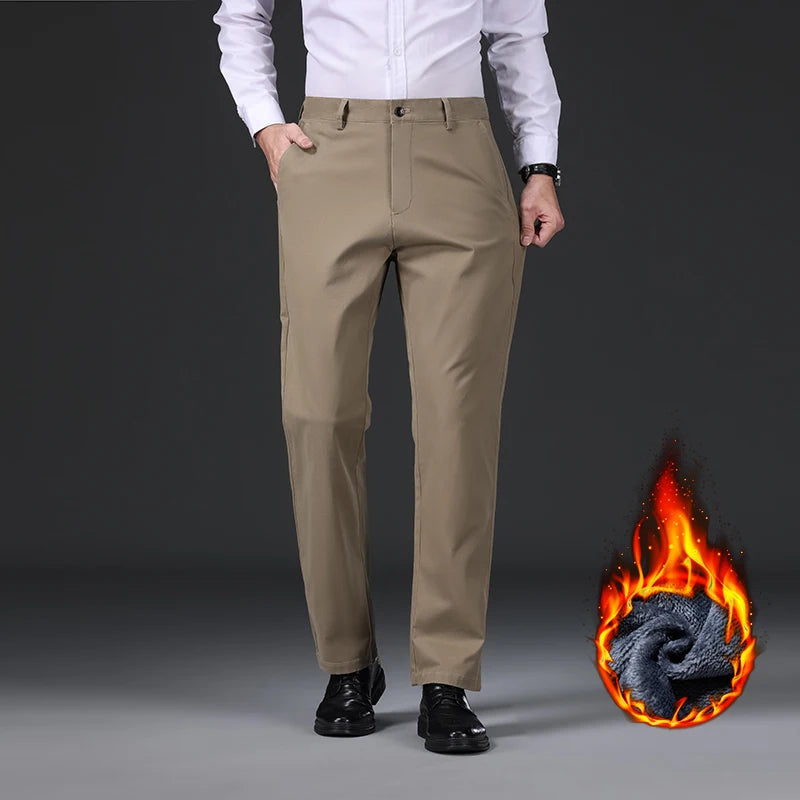 97% Cotton Straight Velvet Casual Pants Men Stretch Loose Classic Business Warm Trousers High Quality Winter Thick Fleece Pants
