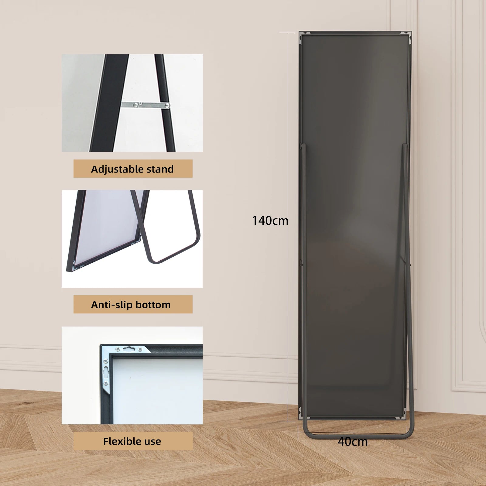 Anajqaqia Tempered Glass Floor Mirror 140x40cm Black