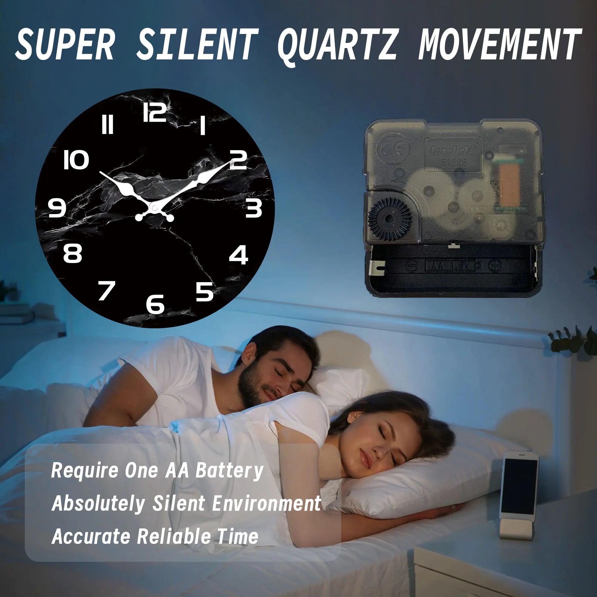 1pc Simple Black marble textured wooden wall clock - Silent non-ticking round clock, suitable for living room bedroom, room deco