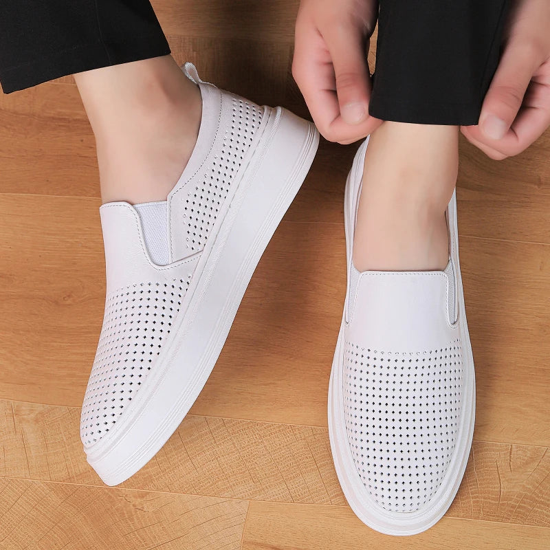 Male Breathable Genuine Leather Punching Simple Loafers Comfty Casual Slip-ons Man Walking Shoe Summer Men Shoes Hiking Footwear