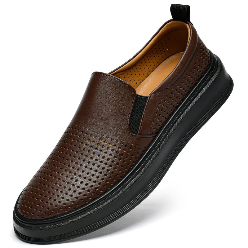 Male Breathable Genuine Leather Punching Simple Loafers Comfty Casual Slip-ons Man Walking Shoe Summer Men Shoes Hiking Footwear