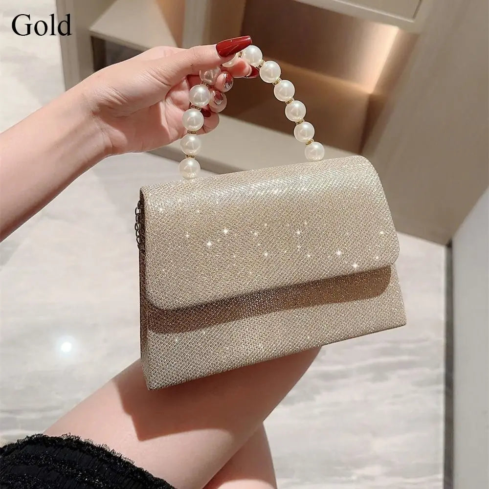 Pearl Chain Shoulder Bags Luxury Purse Gold Bright Silk Evening Bag Women Elegant Fashion Banquet Clutch Female Handbag