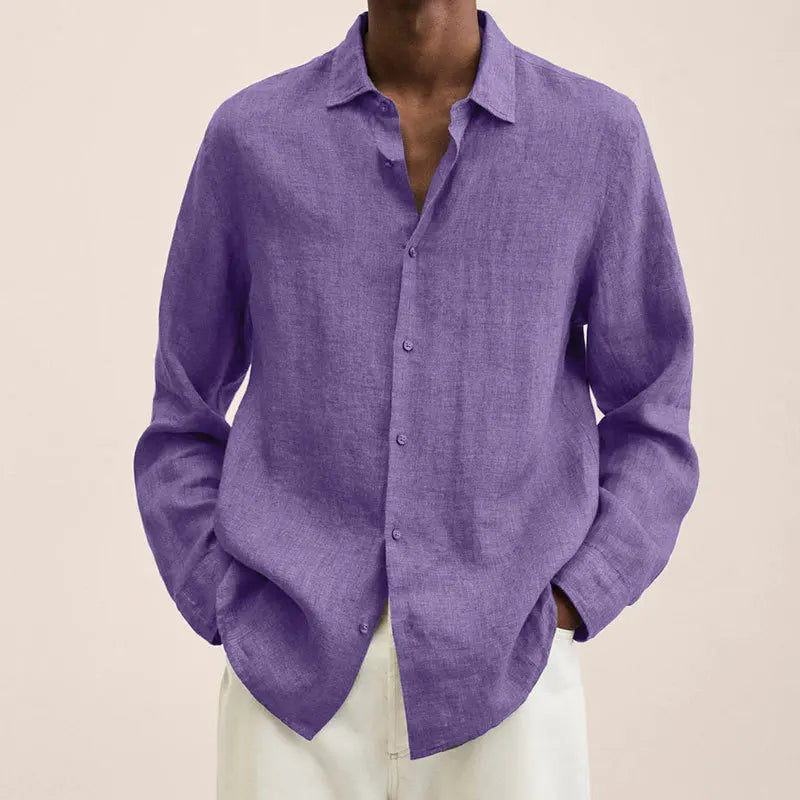 Men's Simple Linen Shirt Spring Autumn New Solid Color Lapel Buttons Loose Long Sleeve Shirt