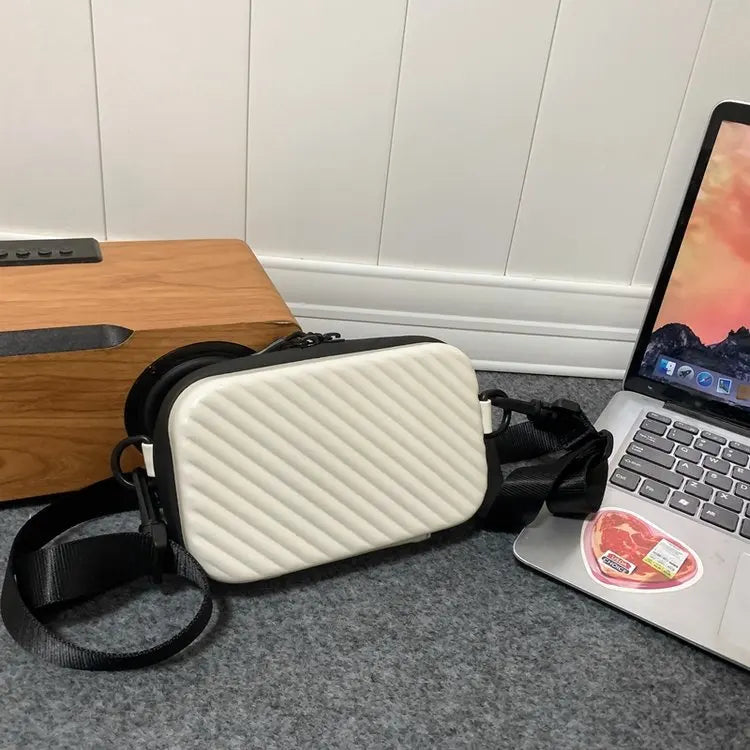 Simple Lightweight Box Bag Unisex Trendy Diagonal Striped Shoulder Bag Soft PU Leather Pressed Shell Men's Messenger Bag