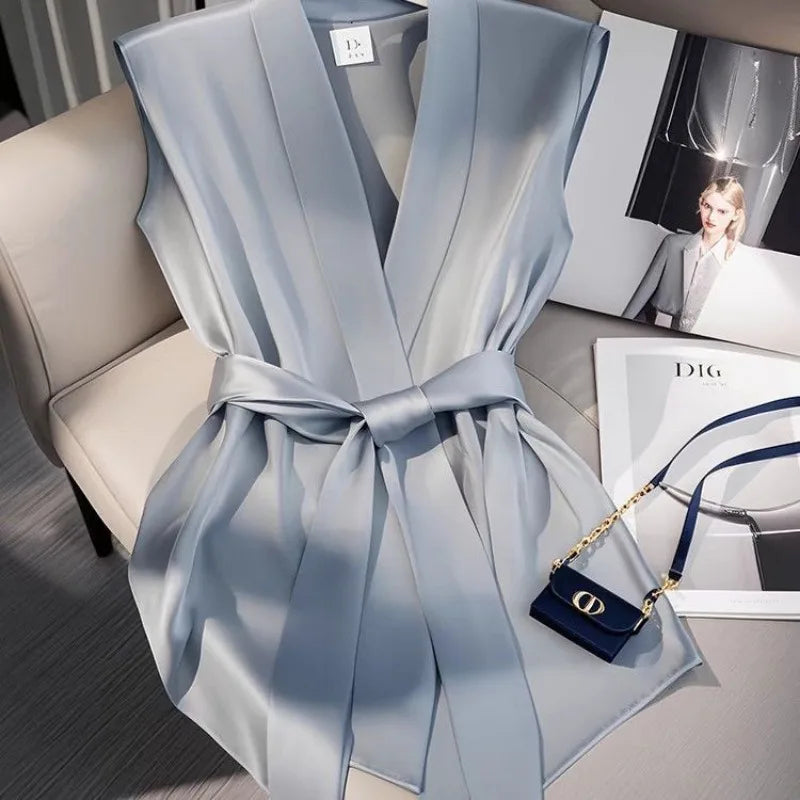 Elegant Satin Sleeveless Cardigan Dress