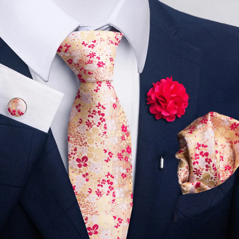 Hot Sale Luxury 8 cm Blue Floral Ties Pocket Square Cufflinks Brooch Set For Man Suit Accessories Holiday Gift Fit Formal Party