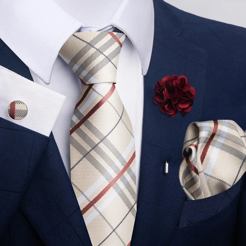 Hot Sale Luxury 8 cm Blue Floral Ties Pocket Square Cufflinks Brooch Set For Man Suit Accessories Holiday Gift Fit Formal Party