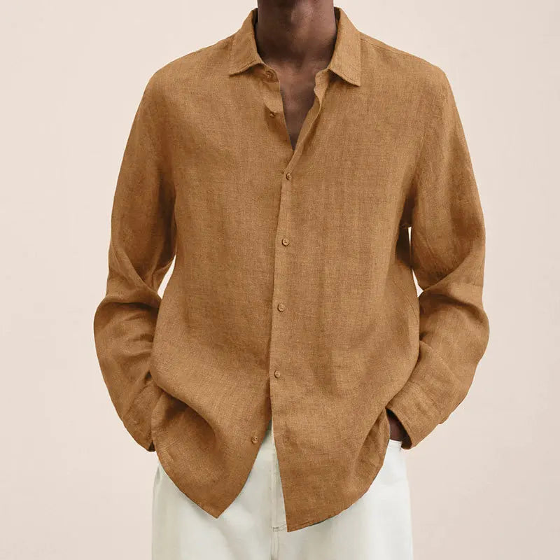 Men's Simple Linen Shirt Spring Autumn New Solid Color Lapel Buttons Loose Long Sleeve Shirt