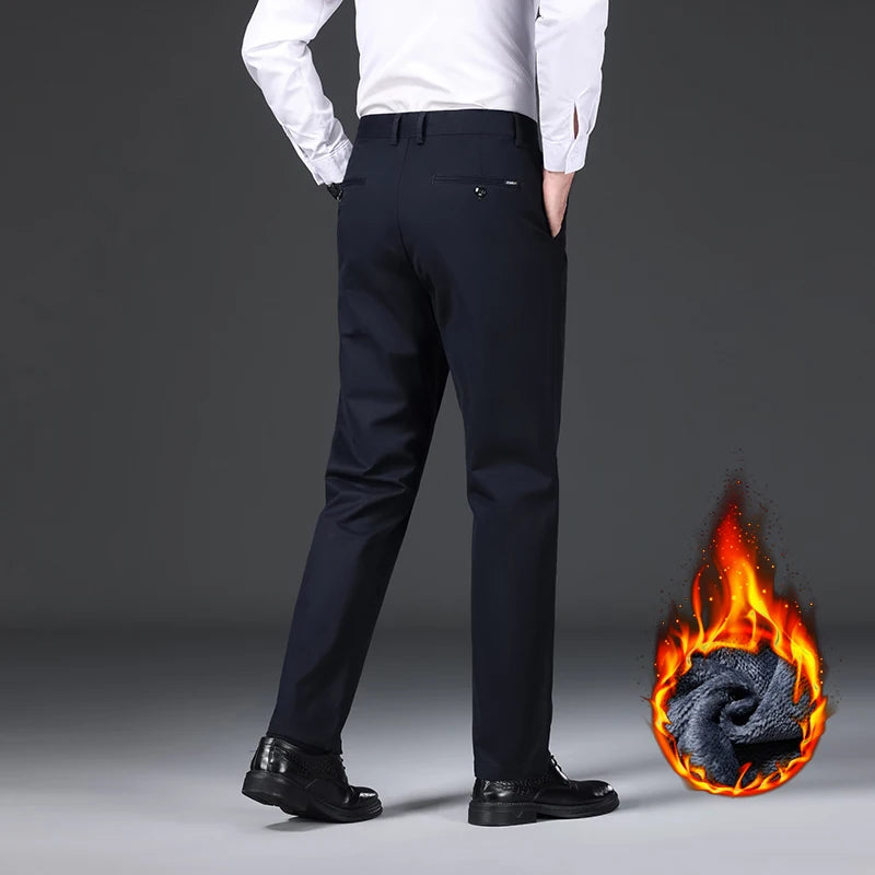 97% Cotton Straight Velvet Casual Pants Men Stretch Loose Classic Business Warm Trousers High Quality Winter Thick Fleece Pants