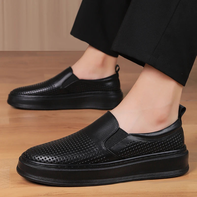 Male Breathable Genuine Leather Punching Simple Loafers Comfty Casual Slip-ons Man Walking Shoe Summer Men Shoes Hiking Footwear